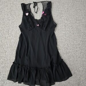 Betsey Johnson Sheer Lace Babydoll Chemise Black Bow Y2K Lingerie Sz L Coquette